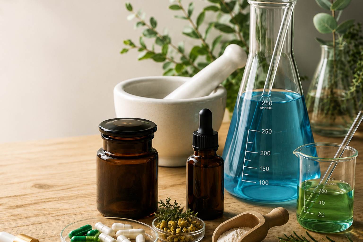 Produtos Biogalenus – cápsulas, béqueres e ervas medicinais sobre bancada de madeira